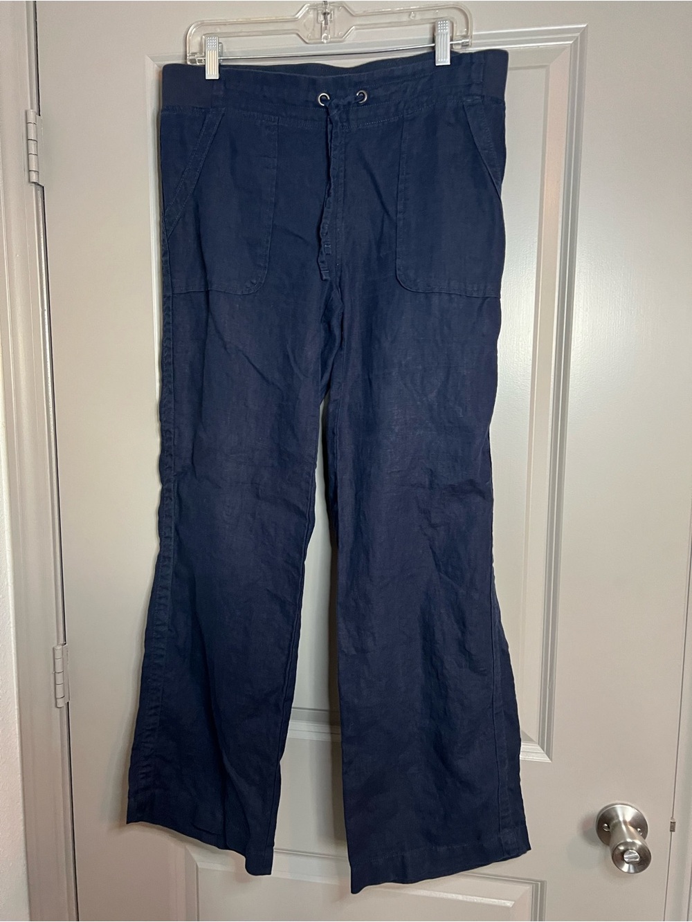 Athleta Straight Leg Linen Pants Navy Patch Pockets Size 12
